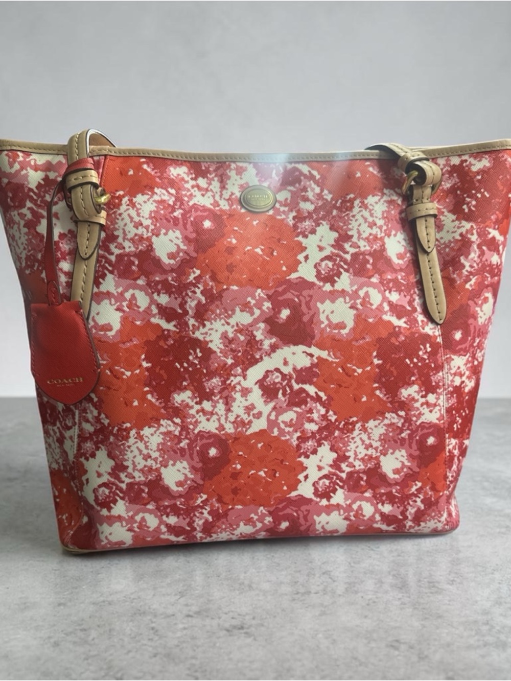 Coach Floral Print Tote in Red, Orange & Cream with Tan Leather Trim
